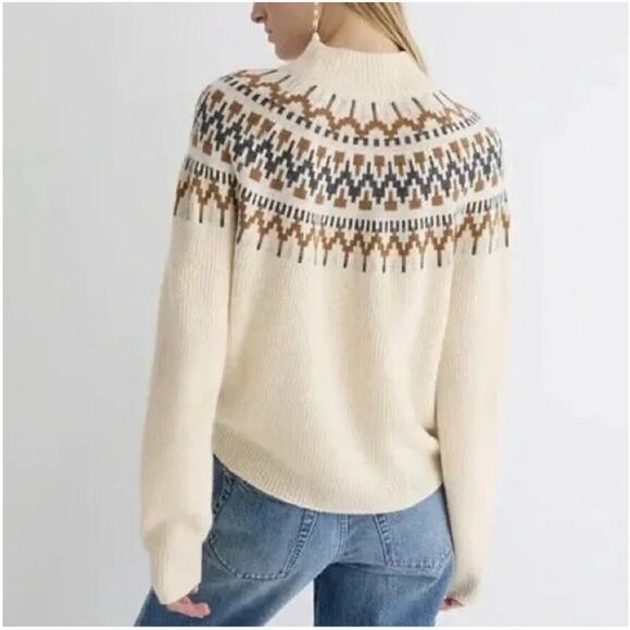 J Crew Lambswool Blend Classic Fair Isle Yoke Mock Neck Neutrals Cream Sweater L - Picture 5 of 12